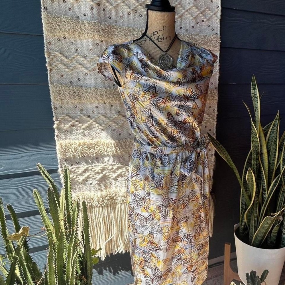 The‎ Limited Yellow brown cream butterfly print silky satin dress cowl neck